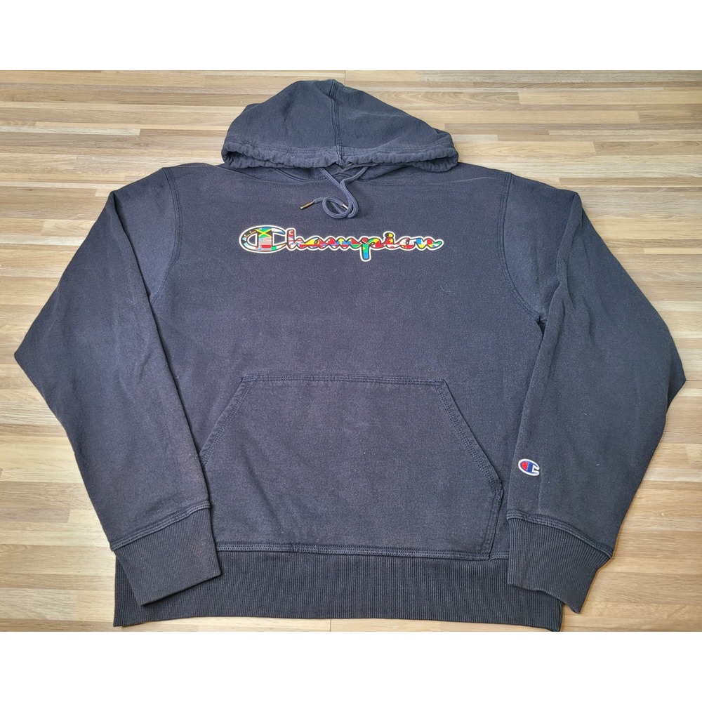 Champion Hoodie Pullover Flags Graphic Logo‎ Mens Size M Sweatshirt Navy Blue